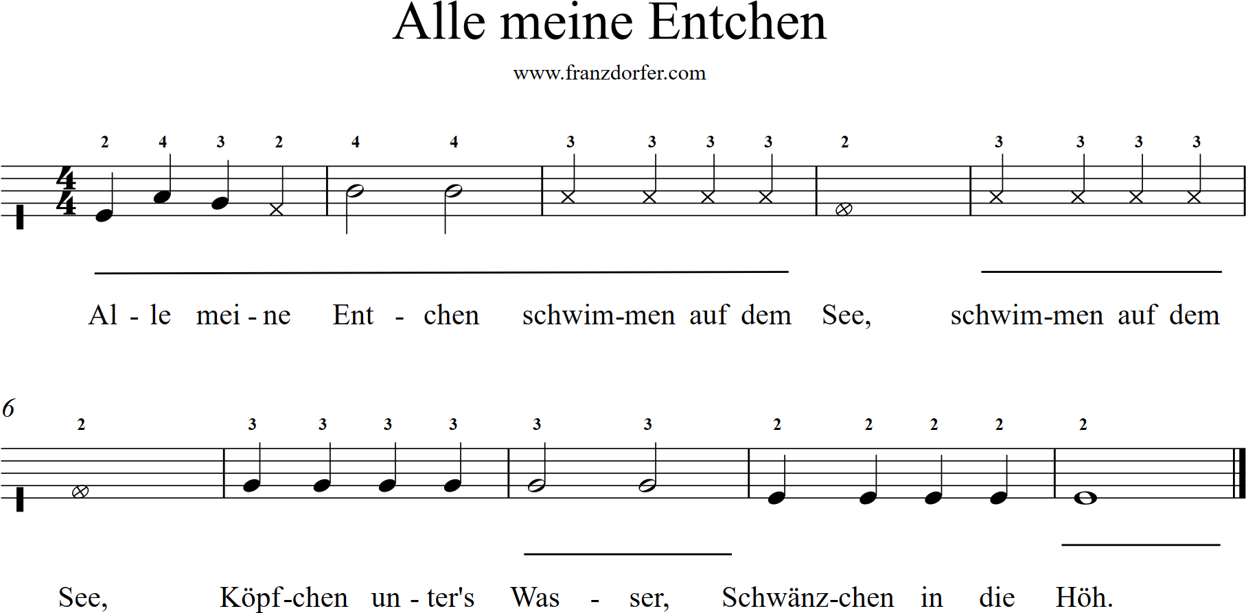 ziachnoten, Alle meine Entchen, ohne begleigunt steirische griffschrift, alle meine Entchen ohne Begleitung